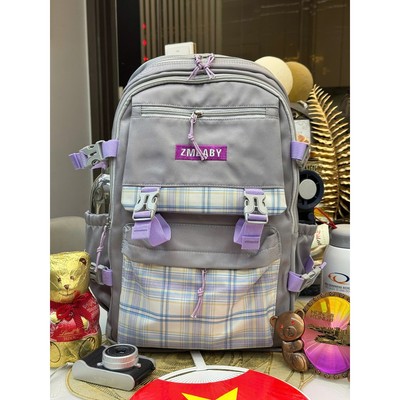 Balo Học Sinh BL0303 BALO CARO PURPLE-GRAY ML Tiểu Học/THCS/THPT Chống Gù Lưng, Siêu Nhẹ, Quai Đeo Thoáng Khí