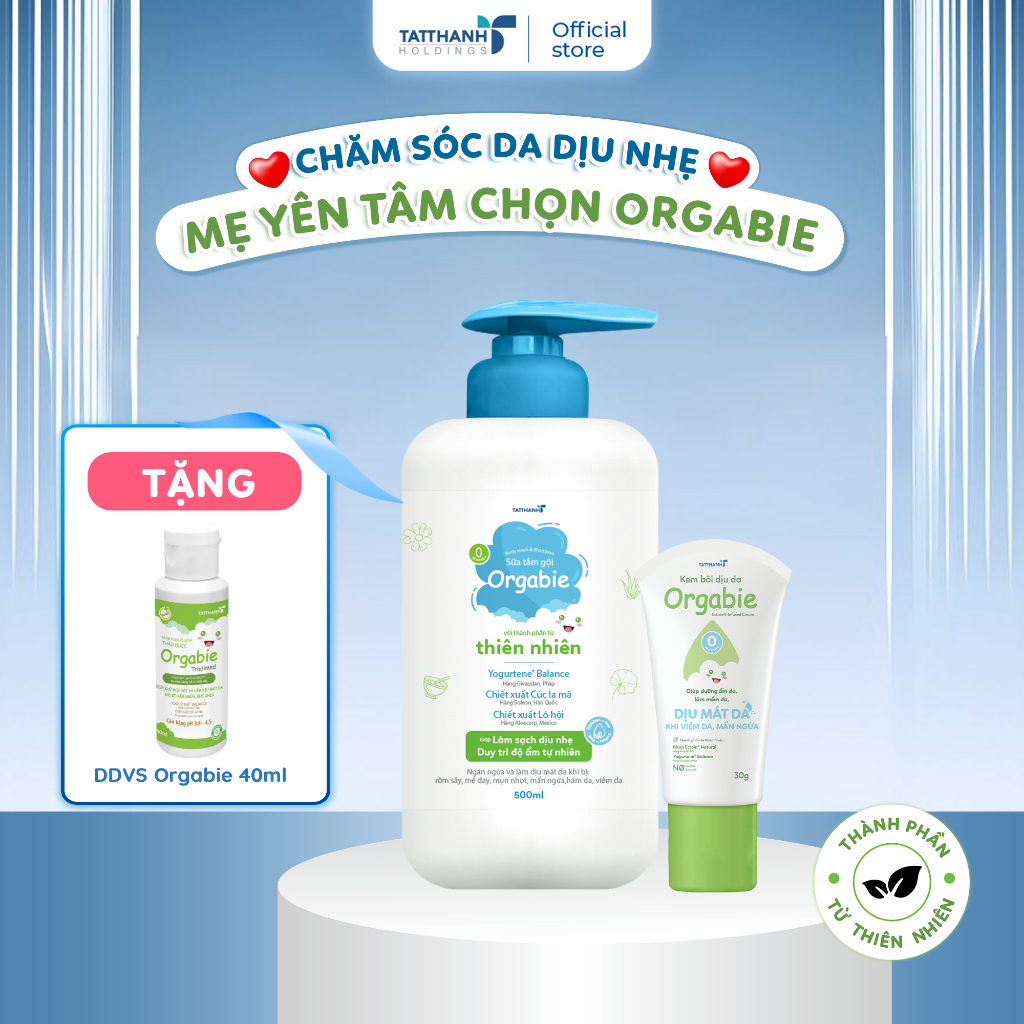 Combo Chăm sóc da bé, Dưỡng ẩm dịu nhẹ - Sữa tắm Orgabie, Kem bôi dịu da Orgabie