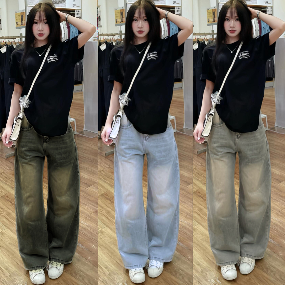 Quần Jeans Dài Wash MIAA Ống Rộng Cạp Cao Tôn Dáng Nam Nữ Unisex