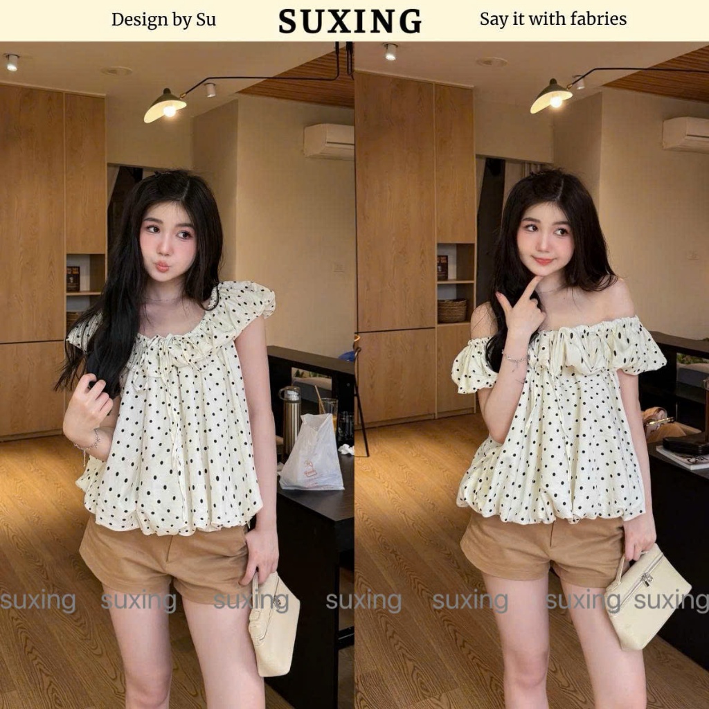 Áo kiểu trễ vai nữ Babydoll tay bồng thiết kế chấm bi - Suxing - S246