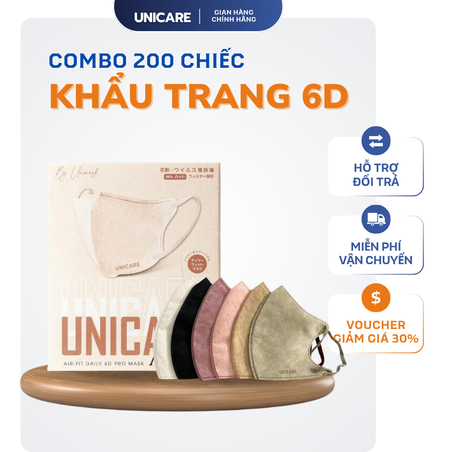 Combo 200 Chiếc Khẩu Trang 6D Unicare, 10 Chiếc Khẩu Trang Dây Dệt Không Đau Tai Unicare By GG
