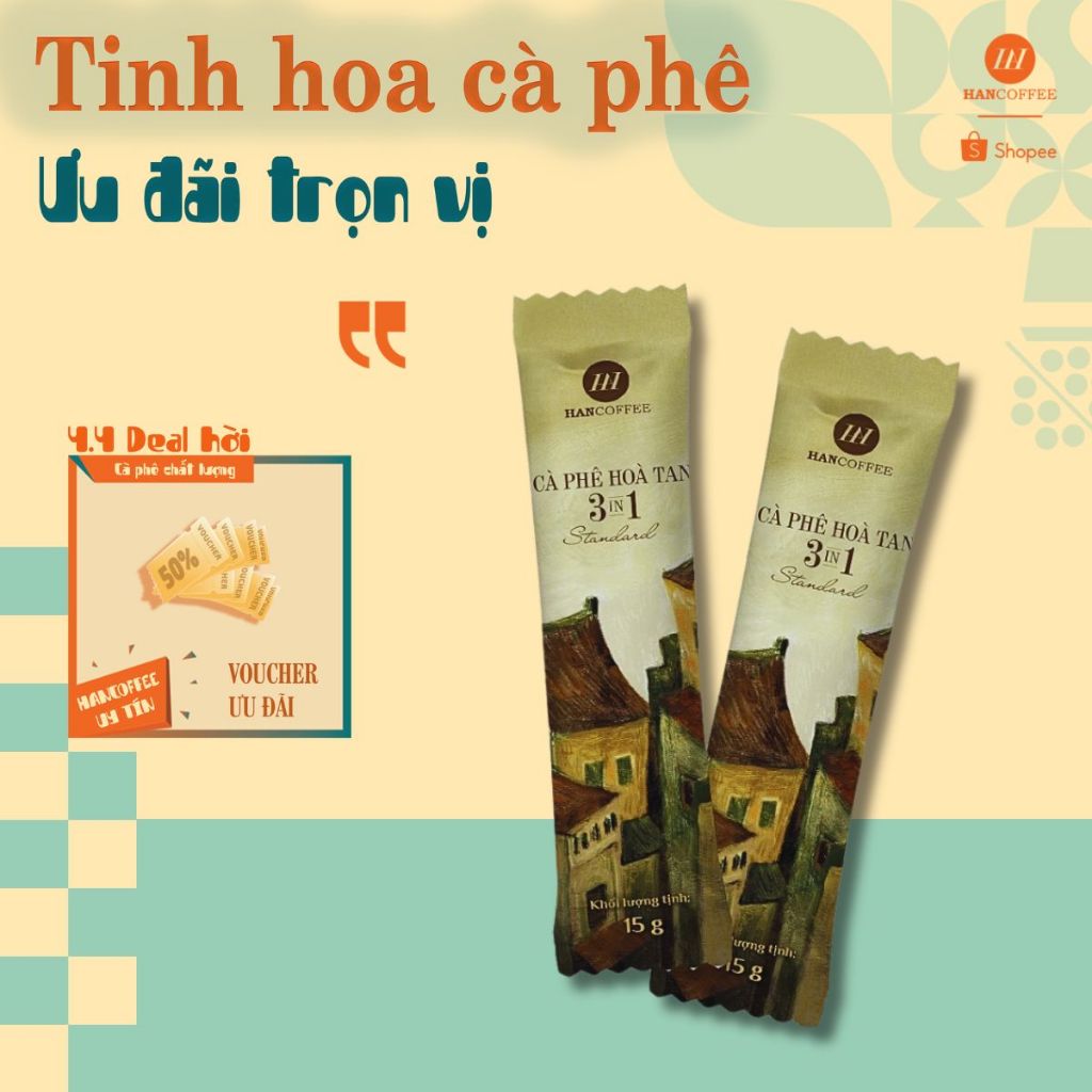 Stick cà phê sữa hòa tan 3in1 sấy phun HANCOFFEE STANDARD gói 15g - 1 gói dùng thử