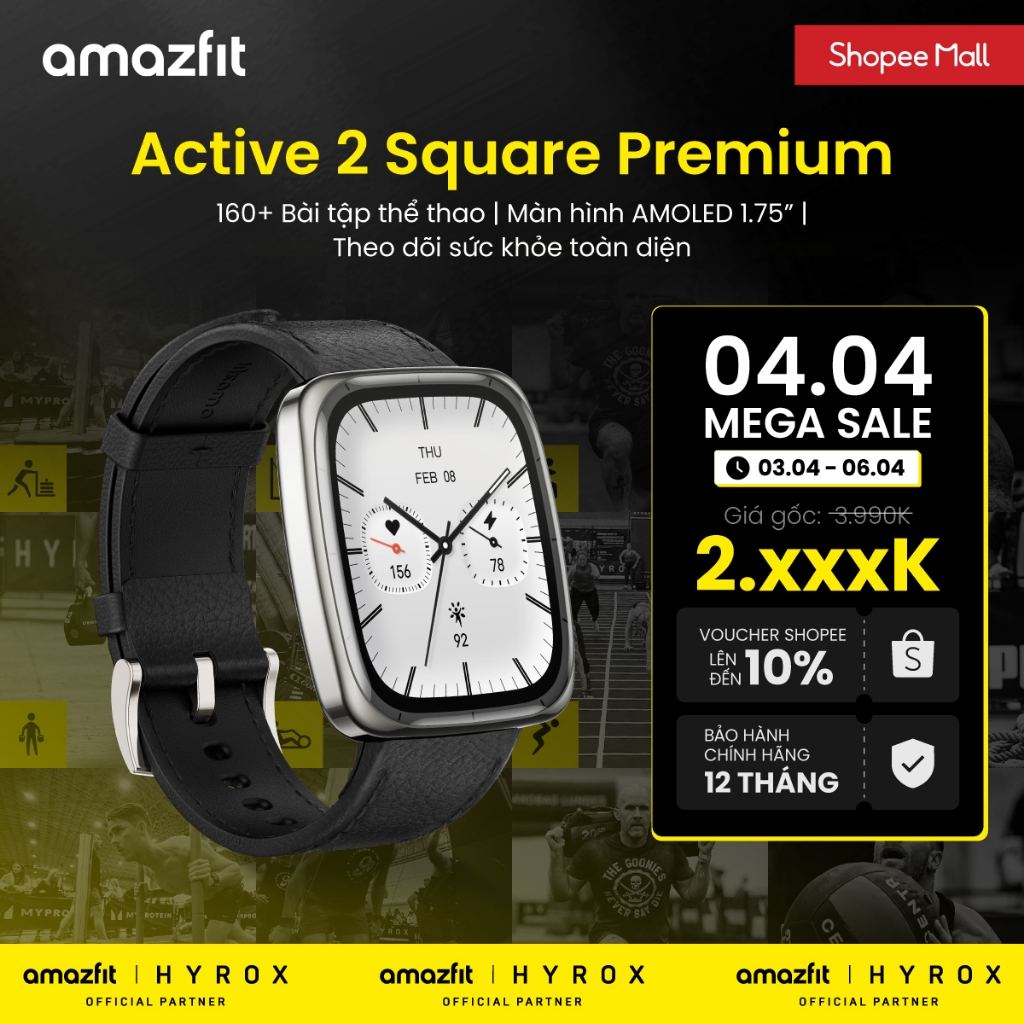 Đồng hồ thông minh Amazfit Active 2 Square | Premium Version | Mặt kính sapphire | 160+ Chế độ luyện tập | Bluetooth