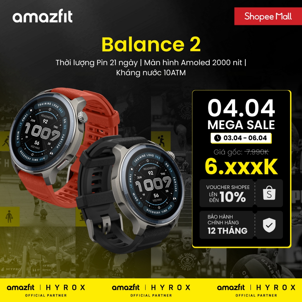 Đồng hồ thông minh Amazfit Balance 2 | Màn hình kính sapphire | Pin 21 ngày | 170+ Môn thể thao - Bảo hành 12 tháng