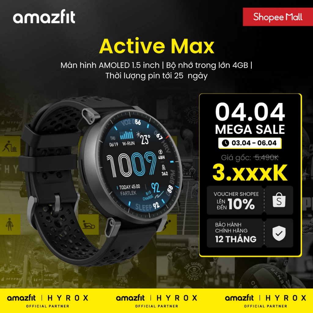 Đồng hồ thông minh Amazfit Active Max - Màn Hình AMOLED 3000nits | Theo Dõi Giấc Ngủ & SpO2 | Hỗ Trợ Pickleball - BH 12t