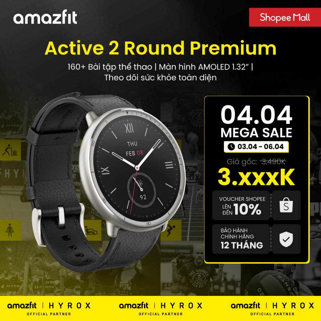 Đồng hồ thông minh Amazfit Active 2 Round  | Premium Version | Mặt kính sapphire | 160+ Chế độ luyện tập | Bluetooth