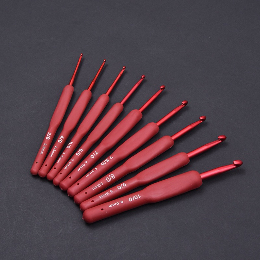 Kim Đan Len Nhôm Tay Cầm Cao Su Mềm Màu Đỏ 2mm–6mm | Bộ Kim Crochet 9 Size