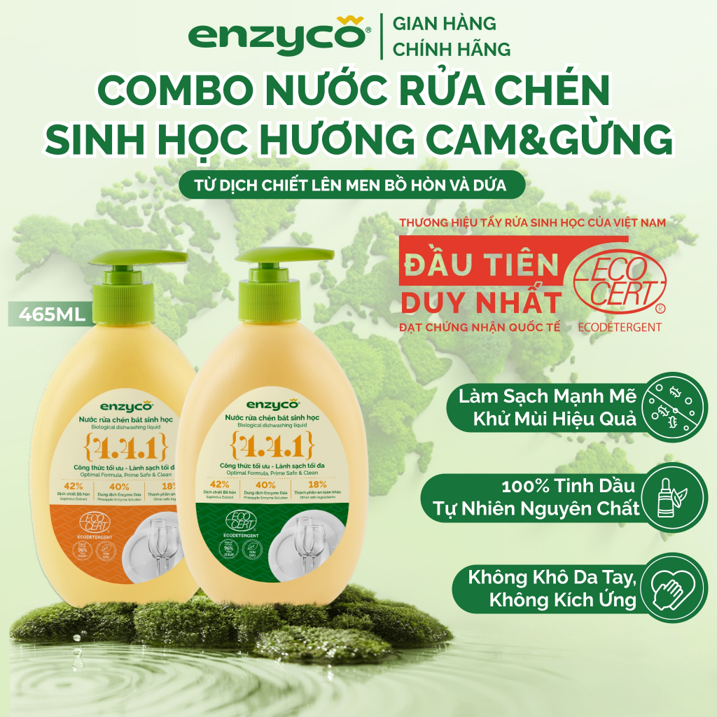 Combo 2 Nước Rửa Chén Bát Sinh Học 465ml ENZYCO Đạt Chứng Nhận ECODETERGENT-ECOCERT