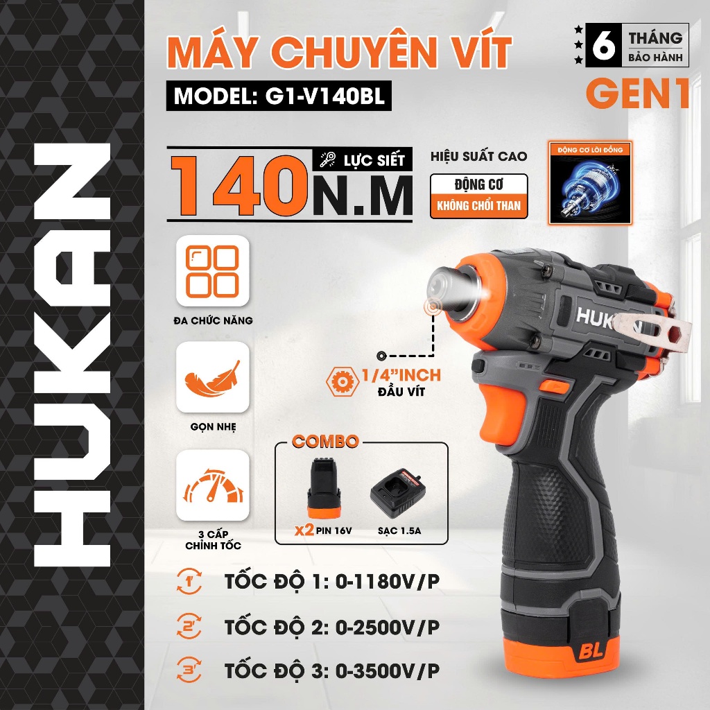 Bộ Máy Chuyên Vít Pin Hukan GEN 1 G1-V140BL, Lực siết 140NM, 3 Tốc độ, Đầu lục giác 6.35