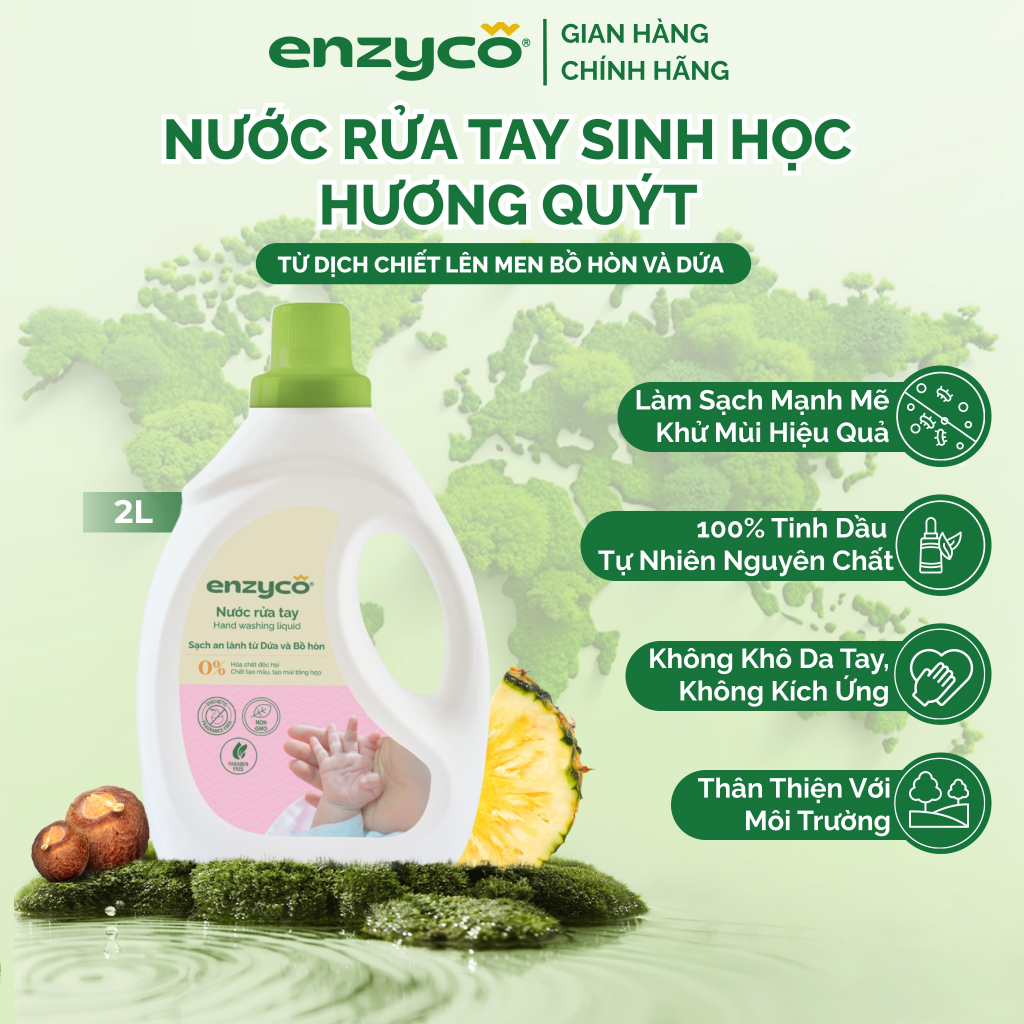 Nước Rửa Tay Sinh Học ENZYCO 2L-Chiết Xuất Bồ Hòn & Dứa, Sạch Khuẩn, Mềm Da, An Toàn Cho Bé