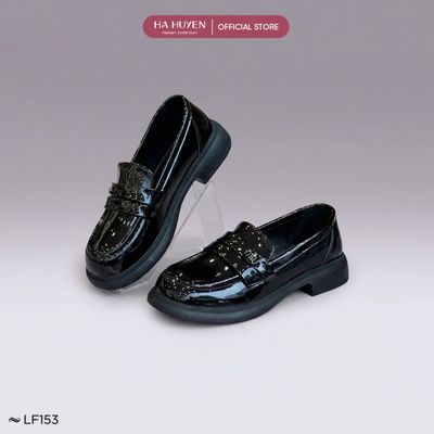 Giày Loafer nữ HÀ HUYỀN da lì đế răng cưa quai ngang đính chữ 3 phân - LF153