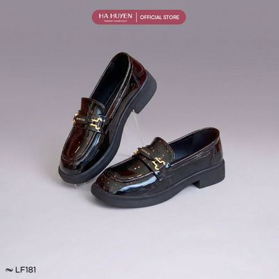 Giày Loafer nữ HÀ HUYỀN da bóng khắc chữ đế cao 3cm - LF181