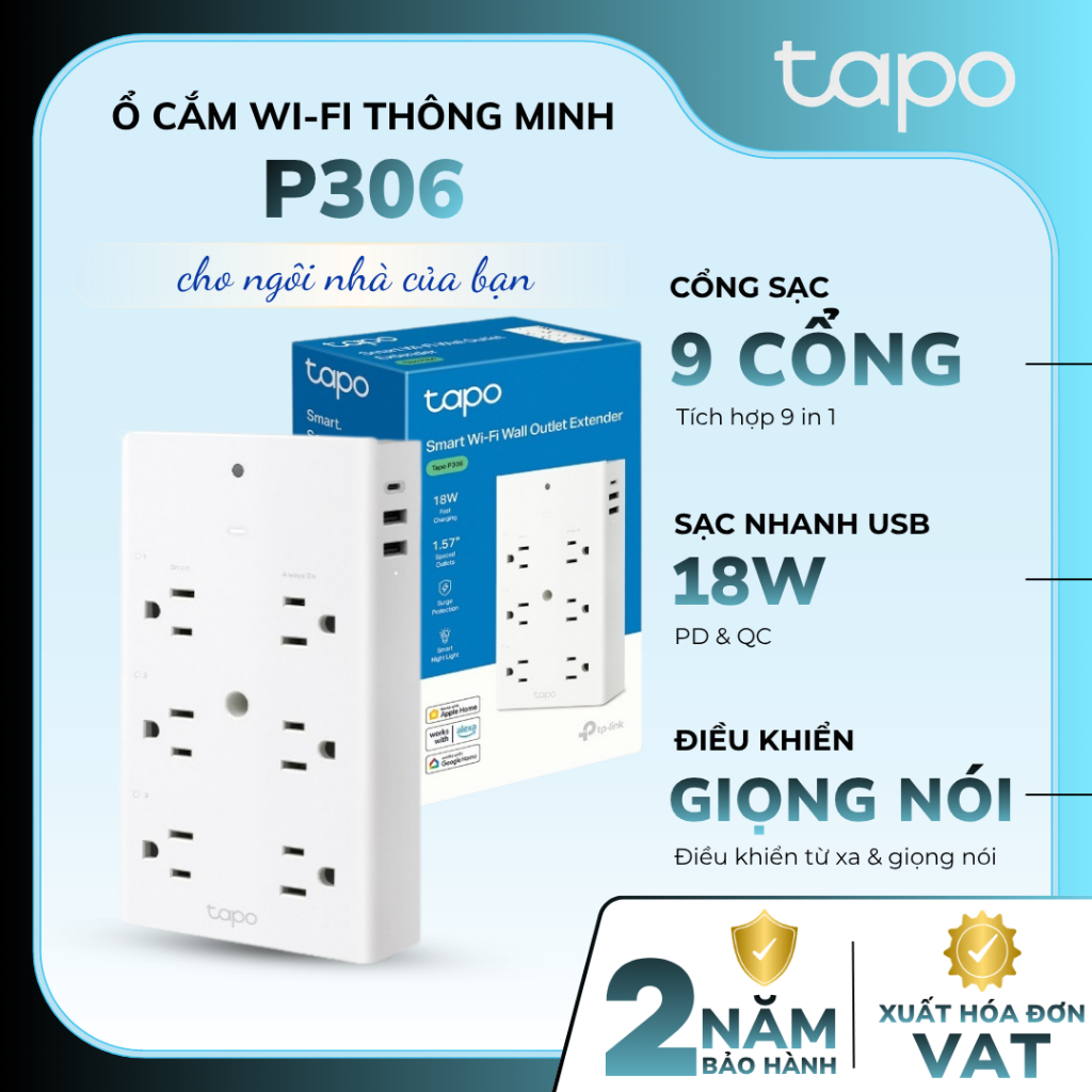 Ổ Cắm Wi-Fi Thông Minh 9-Trong-1 Tapo P306 | Sạc Nhanh 18W, Đèn Ngủ Tự Động, Điều Khiển Giọng Nói