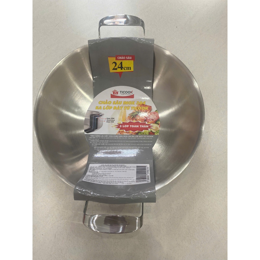 Chảo Inox 2 quai Sâu lòng 304 Ba Lớp Đáy Từ Cao Cấp Size 24cm (Ticook)
