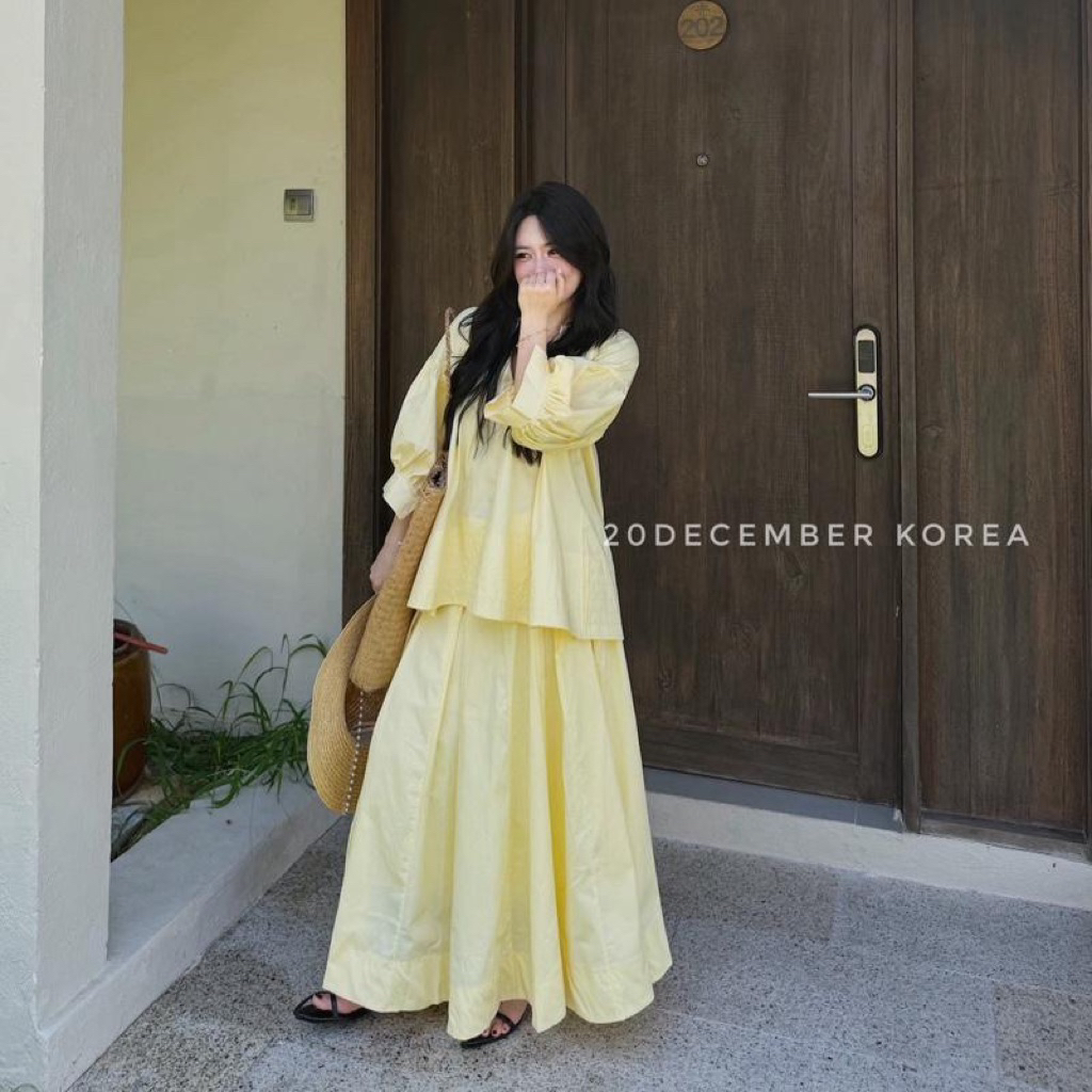 20DECEMBER - Set áo sơ mi tay bồng chân váy dài xếp ly