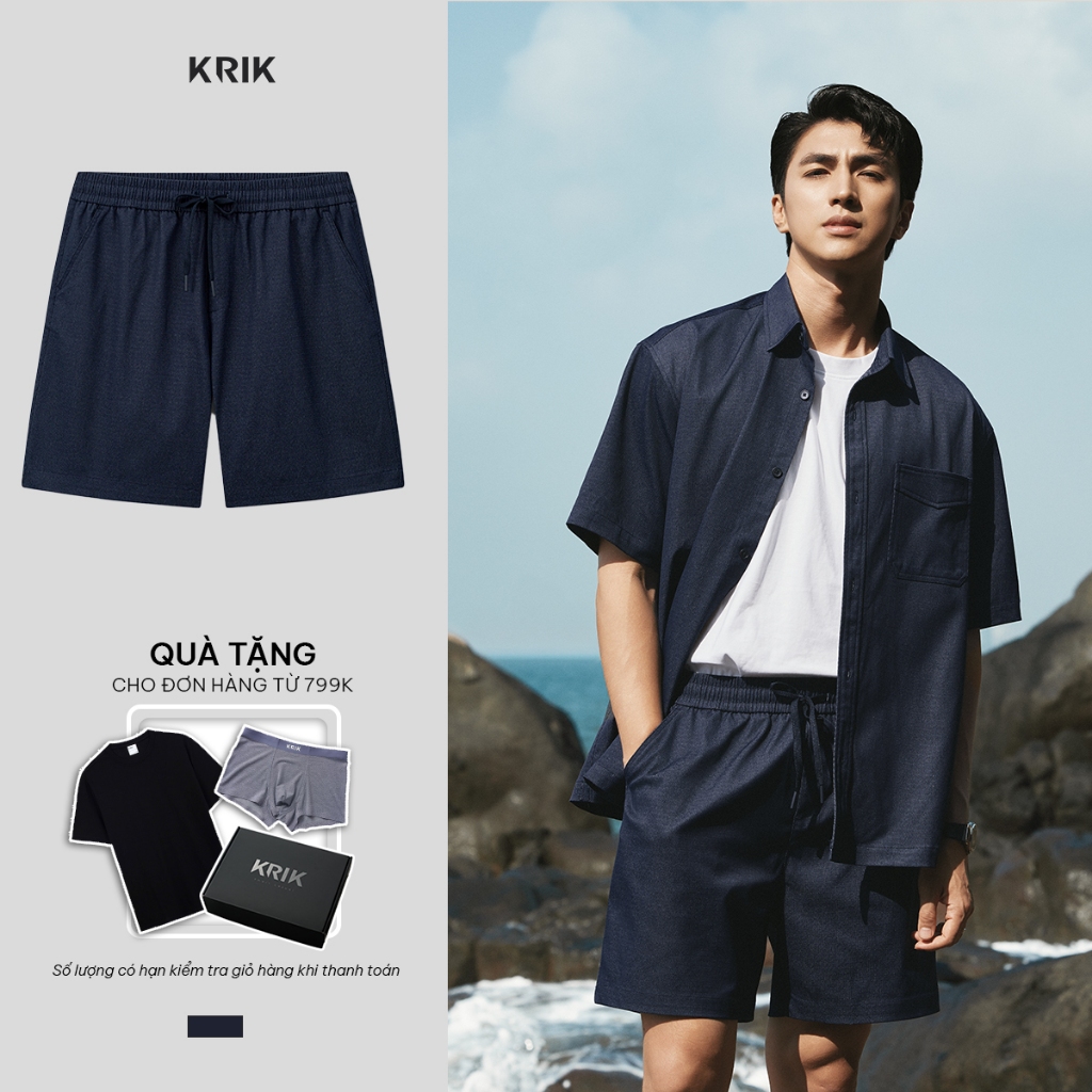 [KRIK x Bình An] Quần Short Jean Nam KRIK Form Classic Ống Rộng Dệt Jacquard Dây Rút Trẻ Trung QS820