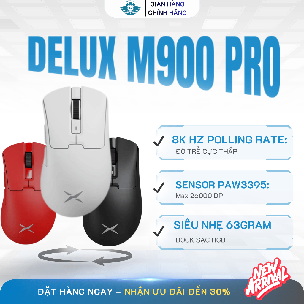 [⚡Cực Hot] Chuột Gaming Không Dây Delux M900 PRO Mini Cảm Biến Paw3395 | 26000 DPI | Dock Sạc RGB 8K