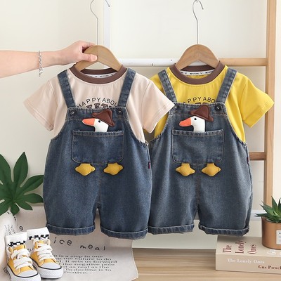 Set Yếm Denim Họa Tiết Khủng Long Áo Thun Tay Ngắn Bé Trai 1-5 Tuổi MINTSCLOSET Quảng Châu - YE5206