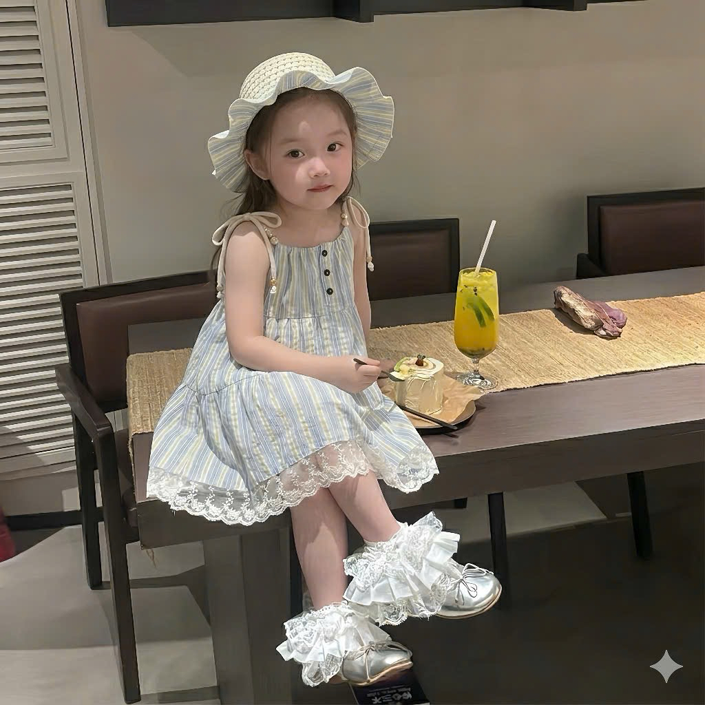 (Tặng Mũ) Váy Hai Dây Dáng Xoè Cho Bé Gái Màu Xanh Kẻ