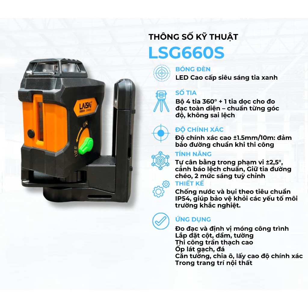 Máy Cân Bằng Laser Treo Tường LAISAI LSG-660S 5 Tia Xanh – LED Siêu Sáng Độ Chính Xác Cao