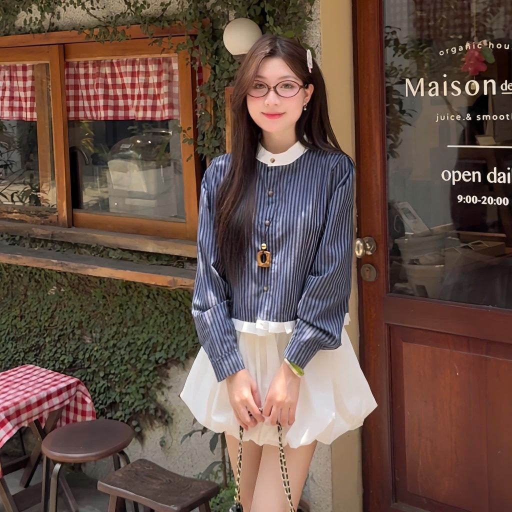 Áo Sơ Mi Kẻ Tay Dài Cổ Trụ Bèo Trắng, Áo Kiểu Nữ Tay Dài Kẻ Sọc Trắng, Cổ Tàu Lịch Sự Vintage, Chất Mát Mịn | BigBuy360 - bigbuy360.vn