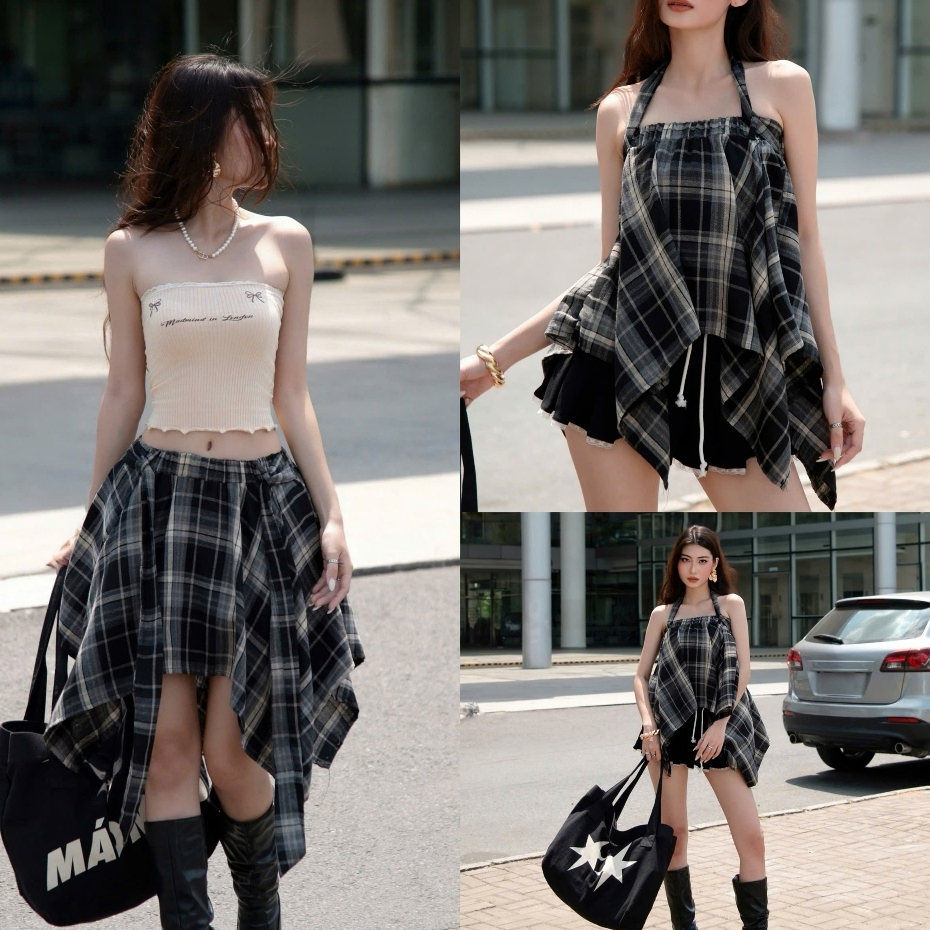 Áo / Chân Váy Nữ Vải Kate Caro Sọc Phối Nơ Catchy Skirt - Đen Sọc / Nâu Sọc / Trắng Sọc / Xám Sọc [ MẶC 2 KIỂU ] | BigBuy360 - bigbuy360.vn