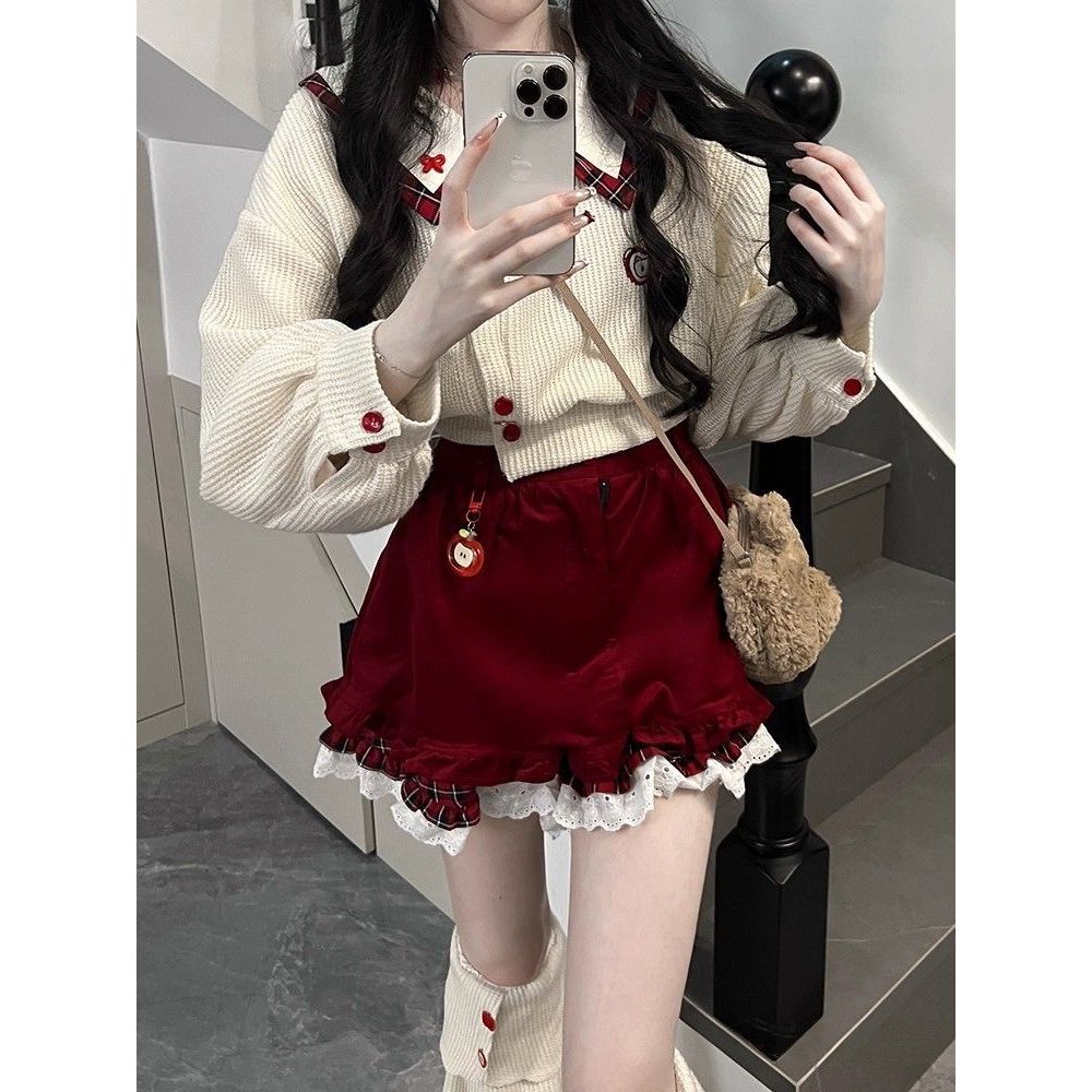 [8-10 ngày] Set 2 Món Nữ Style Mori Girl Kẻ Caro - Áo Khoác Cổ Bẻ & Váy Ngắn Style Thiếu Nữ Mới
