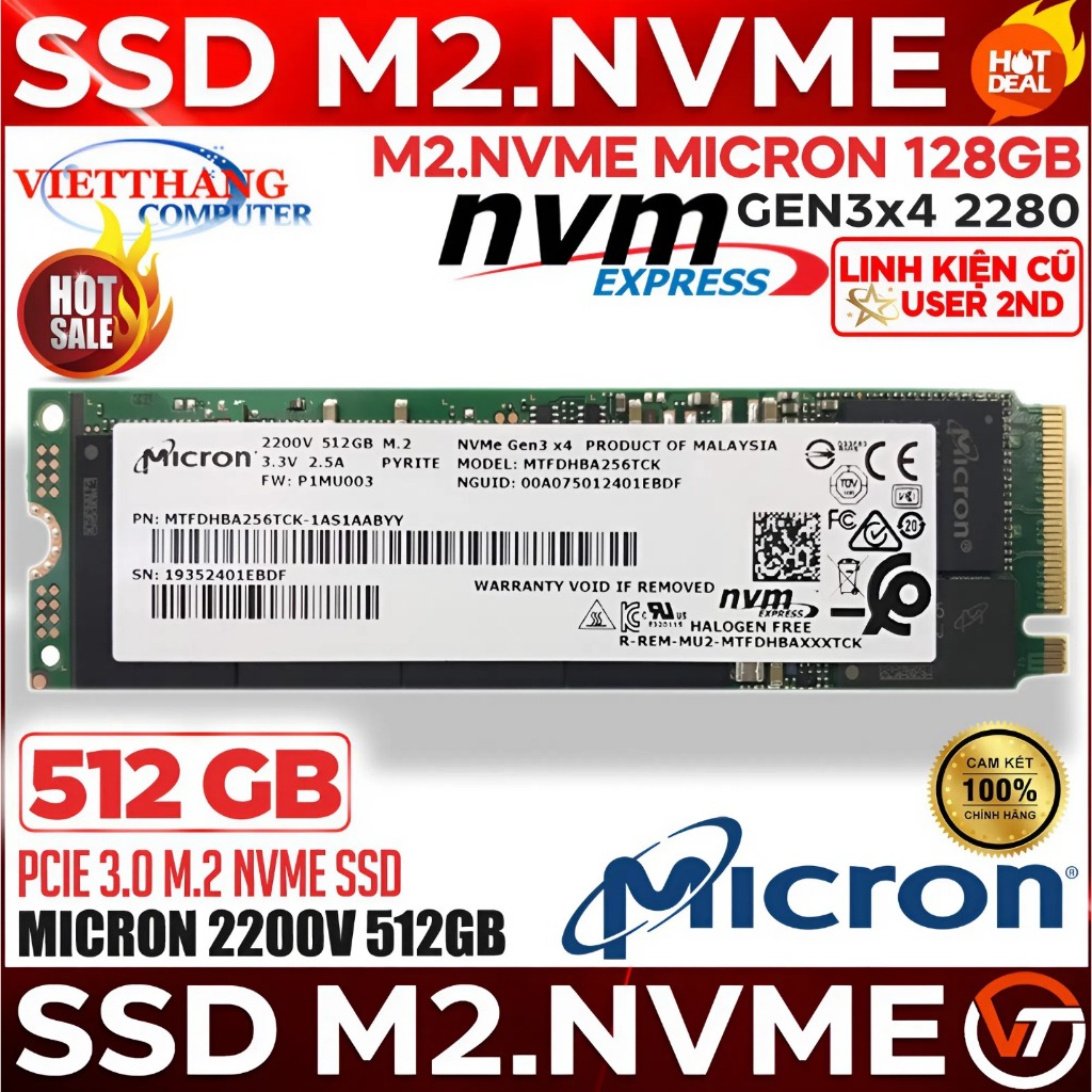 Ổ cứng SSD M2 Nvme Micron 2200V 512GB Gen3x4 2280 Good 81% Có DRAM Cũ đã qua sử dụng ( Cũ - 2nd )