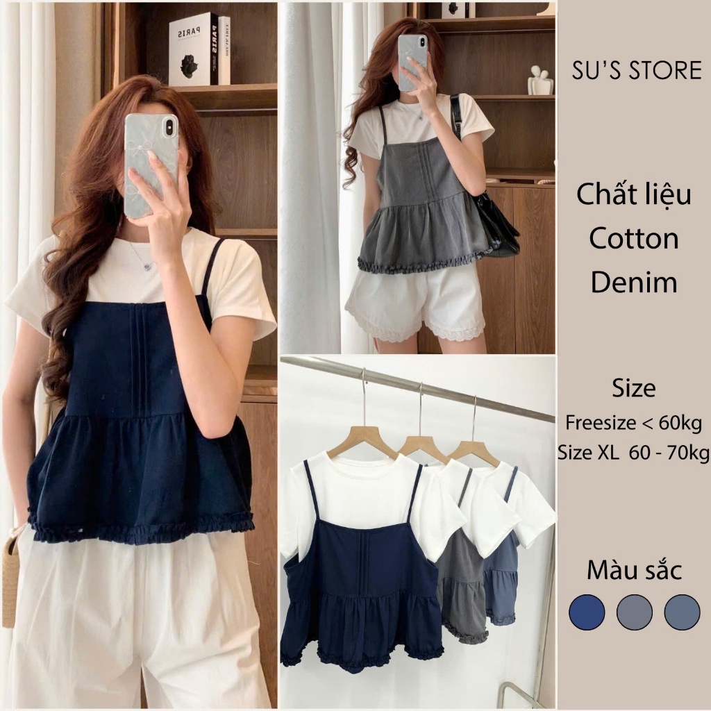 Set Đồ Nữ Áo Thun Trơn Cộc Tay Kèm Áo 2 Dây Xếp Ly Viền Bèo S800 Su Chang Thời Trang Nữ | BigBuy360 - bigbuy360.vn