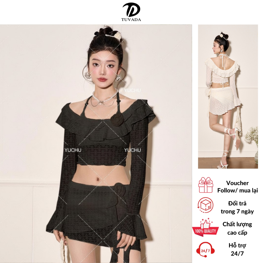 Bikini 4 mảnh màu đen quyến rũ kèm áo và chân váy, set đồ bơi nữ cao cấp Tuvada - B3M32