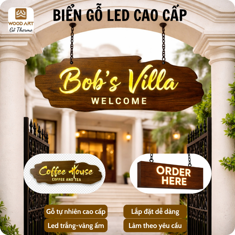 Biển Gỗ LED Logo Quán Cafe|Biển Gỗ LED Treo Tường|Biển Gỗ Logo Nhà Hàng|Biển Gỗ LED Handmade Cao Cấp
