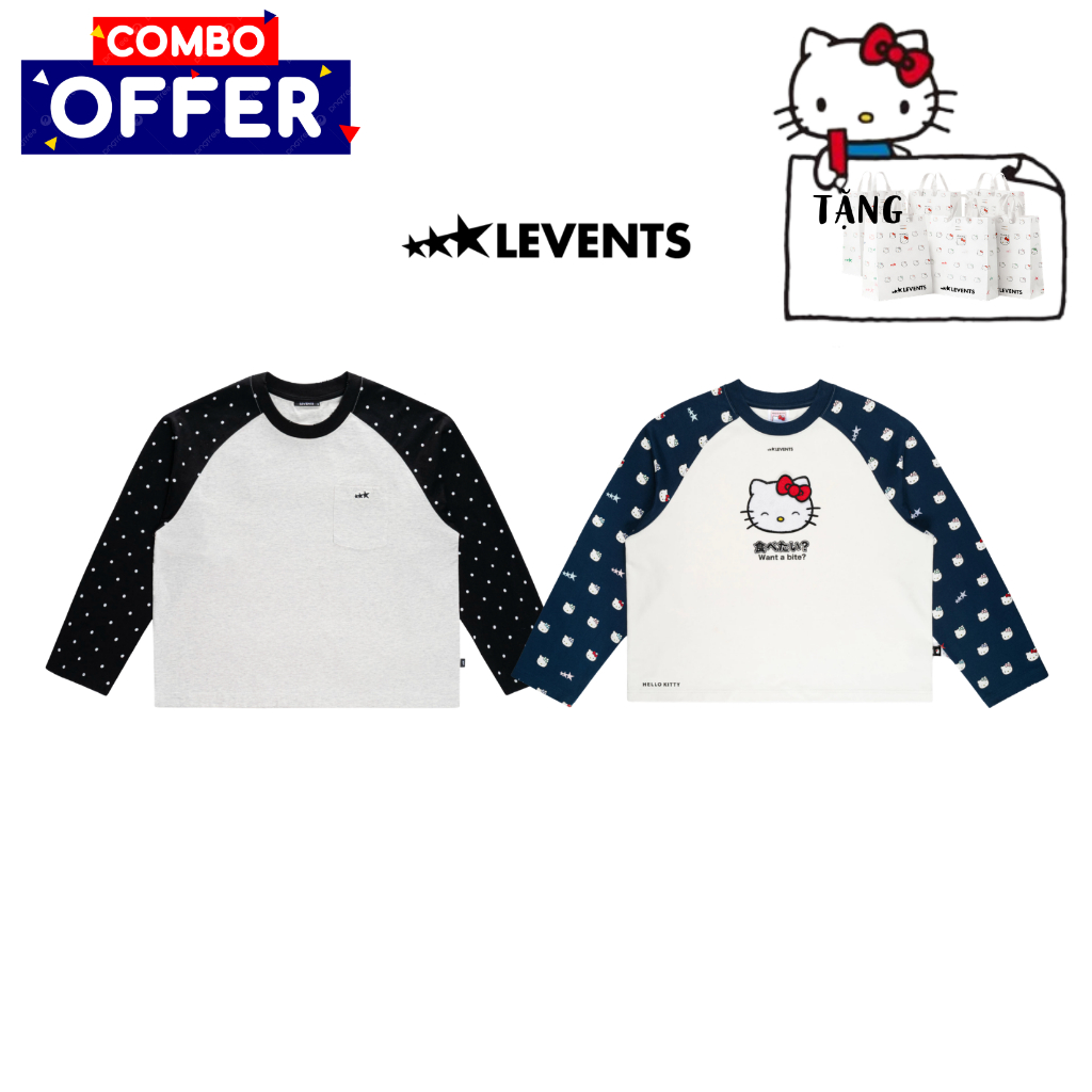 𝐋events 𝐱 𝐇ello 𝐊itty | Joy Icon Heavyweight Raglan Long Sleeve 𝐱 Polkadot Raglan Long Sleeve (Tặng 