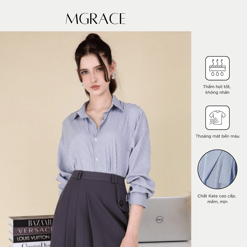 Áo Sơ Mi Công Sở MGRACE Kẻ Sọc Xanh Kate Cao Cấp, Form Rộng Dễ Phối Đồ
