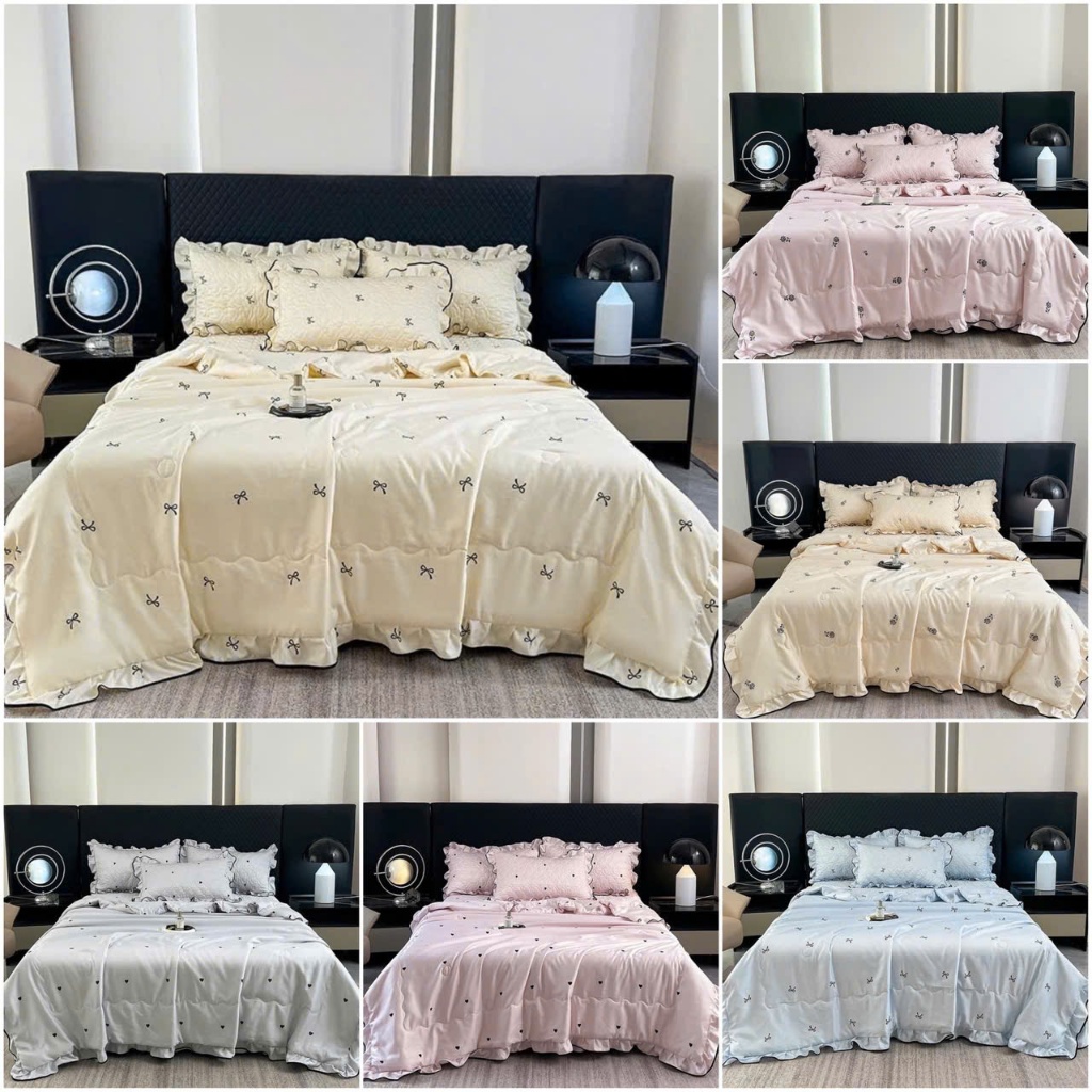 Bộ Chăn Ga Gối Trần Bông Phi Lụa Thêu Họa Tiết Xinh Xắn,Chăn Ga Gối Viền Bèo Xinh Xắn,Ga Trần Phủ Ch