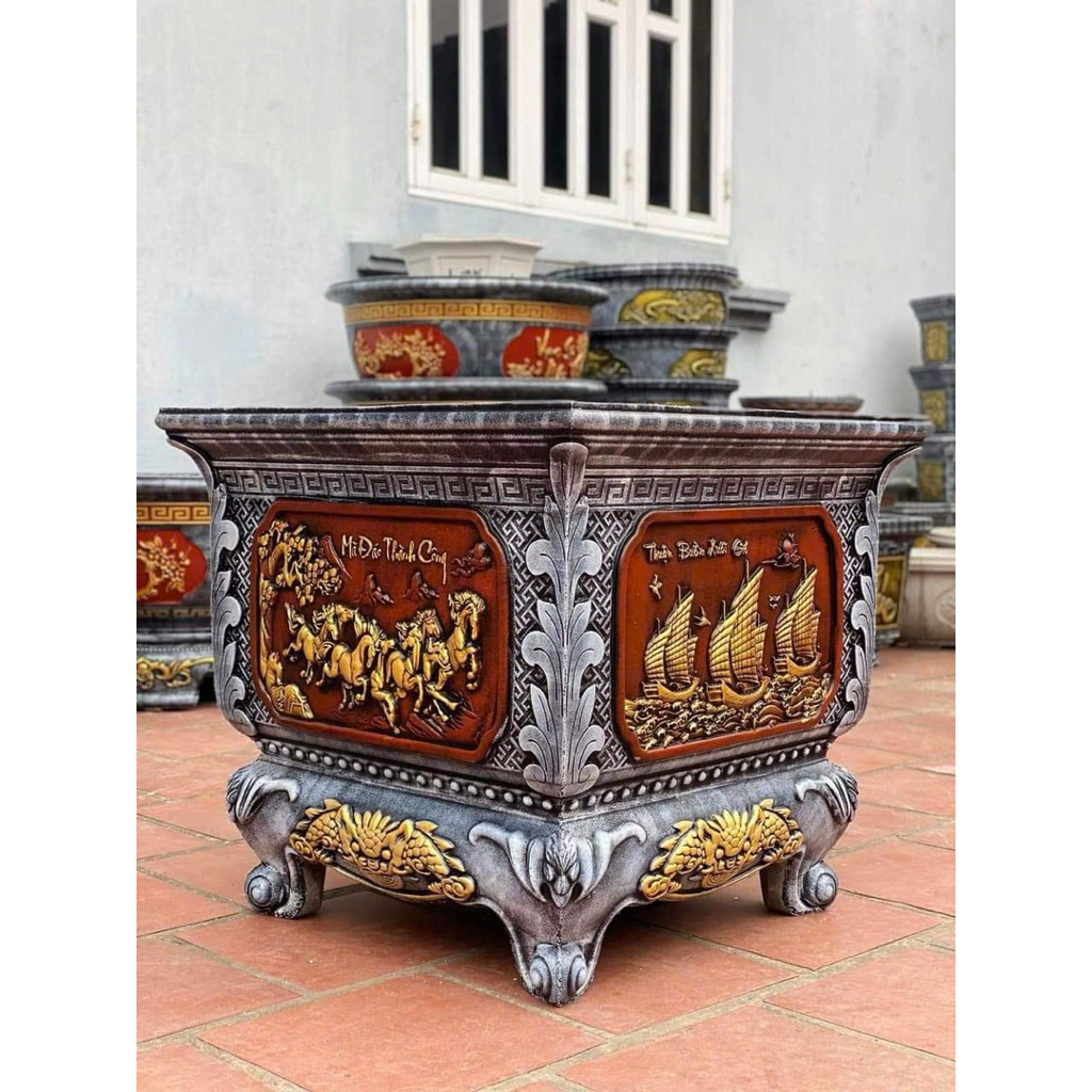 Khuôn đúc chậu vuông 70 chân liền cài 4 hoa văn lọt lòng 62