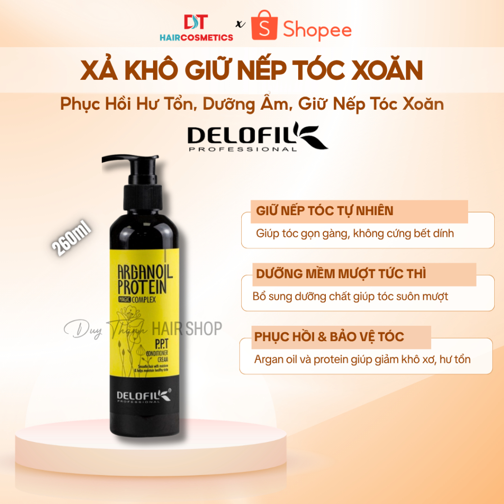 Kem Xả Khô Dưỡng Tóc DELOFIL Argan Oil Protein 260ml - Phục Hồi Hư Tổn, Dưỡng Ẩm, Giữ Nếp Tóc Xoăn.