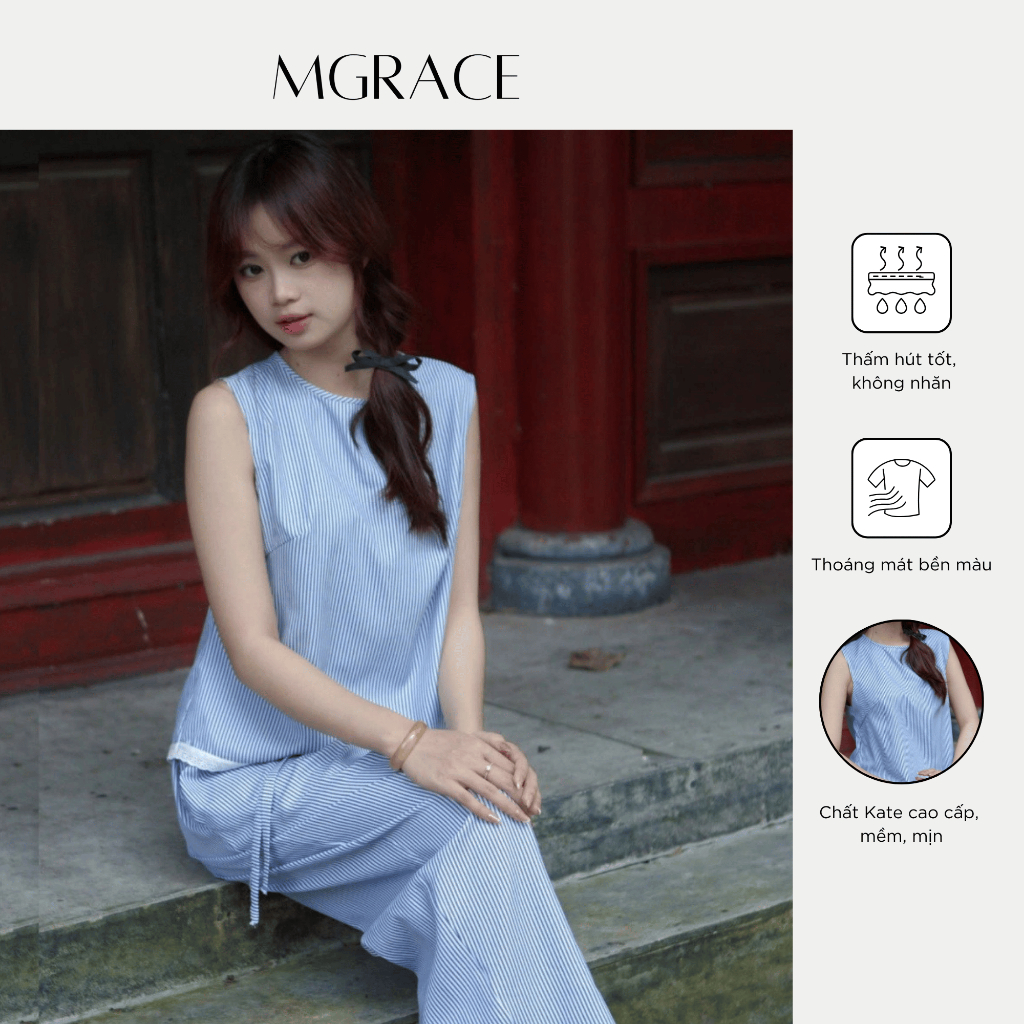 Set Đồ Nữ MGRACE Bộ Sọc Xanh Trắng Kate Cao Cấp, Áo Sát Nách Form Đẹp, Quần Suông Thanh Lịch
