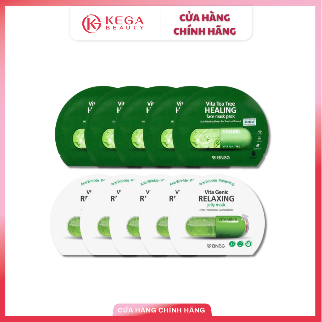 Combo Mix 10 Miếng Mặt Nạ BNBG Tràm Trà Và BNBG Vita Genic Xanh Lá Phục Hồi Da Dầu Mụn Chính Hãng