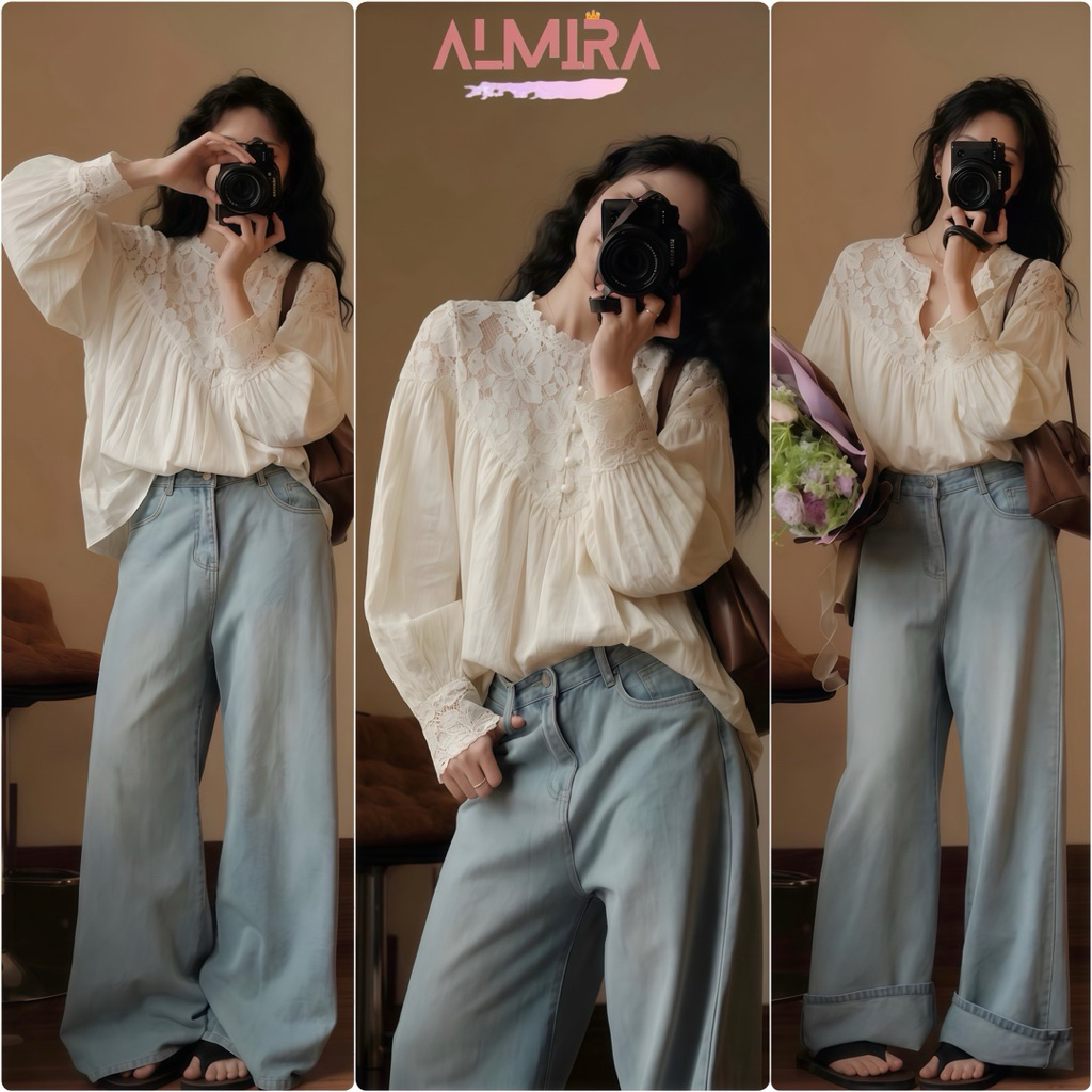 Áo Sơ Mi Phối Ren Cổ Trụ Cúc Ngọc Dáng Babydoll Màu Kem | BigBuy360 - bigbuy360.vn