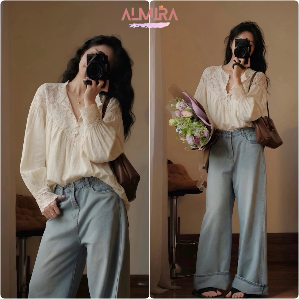Áo Sơ Mi Phối Ren Cổ Trụ Cúc Ngọc Dáng Babydoll Màu Kem | BigBuy360 - bigbuy360.vn
