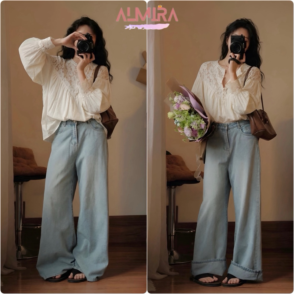 Áo Sơ Mi Phối Ren Cổ Trụ Cúc Ngọc Dáng Babydoll Màu Kem | BigBuy360 - bigbuy360.vn