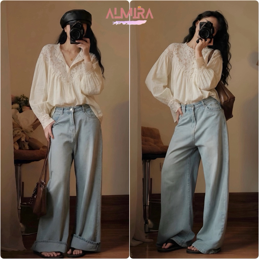 Áo Sơ Mi Phối Ren Cổ Trụ Cúc Ngọc Dáng Babydoll Màu Kem | BigBuy360 - bigbuy360.vn