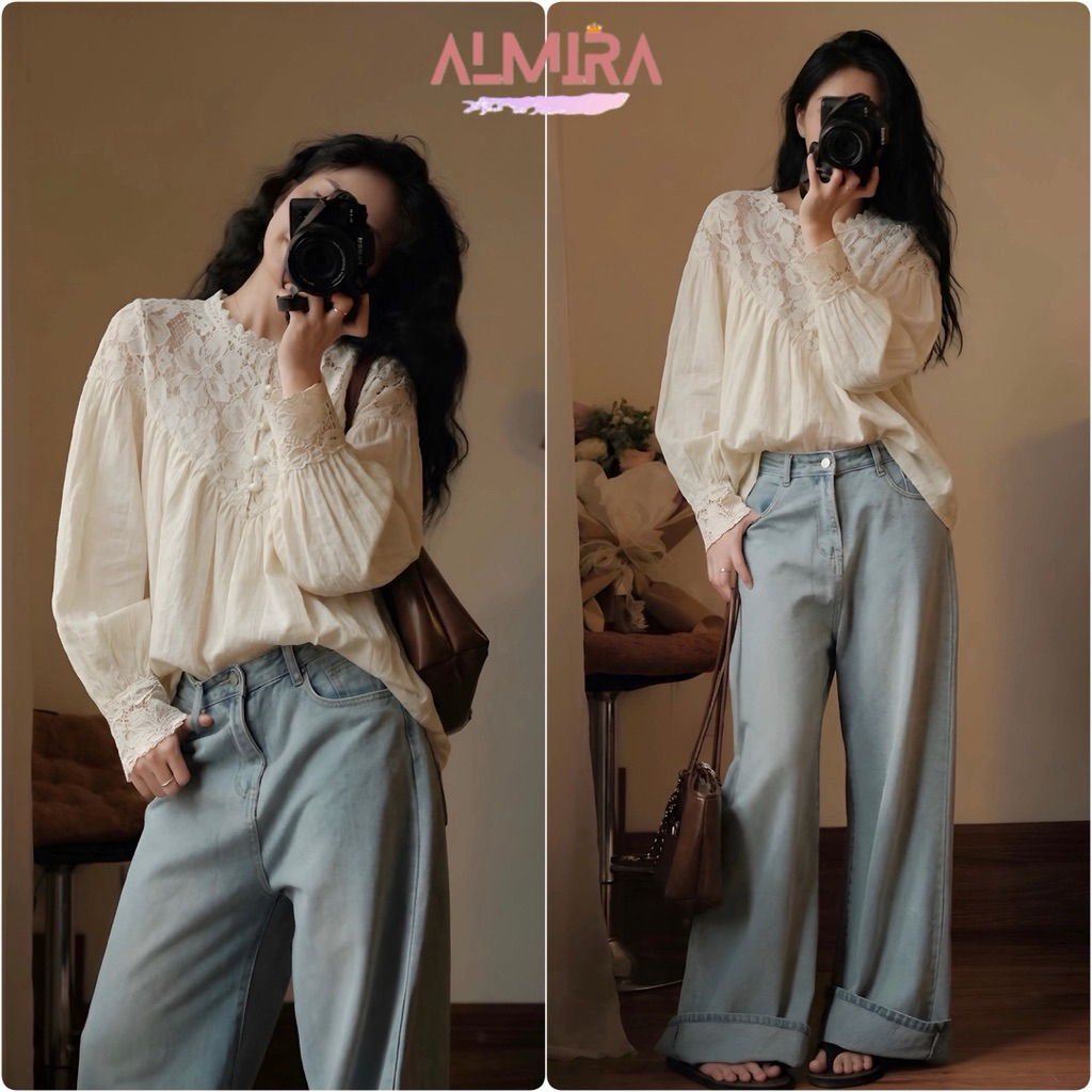 Áo Sơ Mi Phối Ren Cổ Trụ Cúc Ngọc Dáng Babydoll Màu Kem | BigBuy360 - bigbuy360.vn
