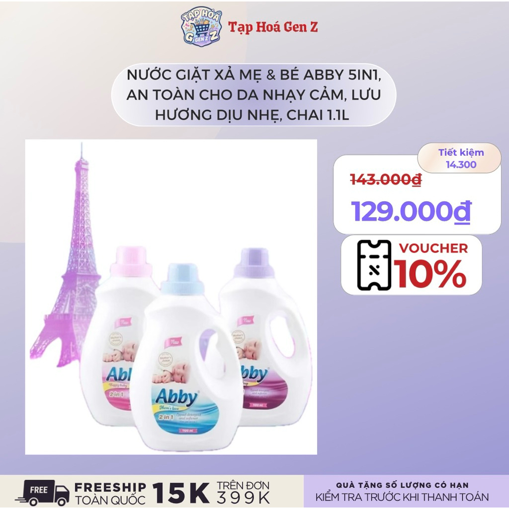Nước giặt xả mẹ & bé ABBY 5in1 an toàn cho da nhạy cảm lưu hương dịu nhẹ, chai 1l