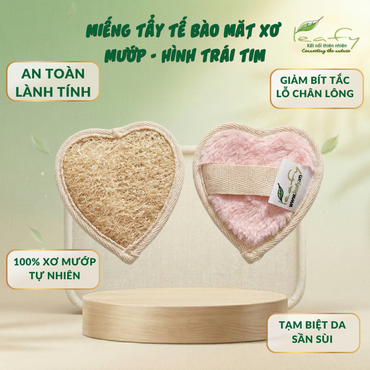 Miếng Tẩy Da Chết Mặt Xơ Mướp Leafy Hình Trái Tim – Dịu Nhẹ, Tái Sử Dụng