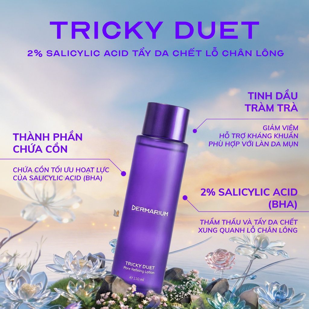 Tây da chết hóa học Dermarium Tricky Duet 2% Salicylic Acid (BHA) dạng toner, giảm dầu mụn ẩn