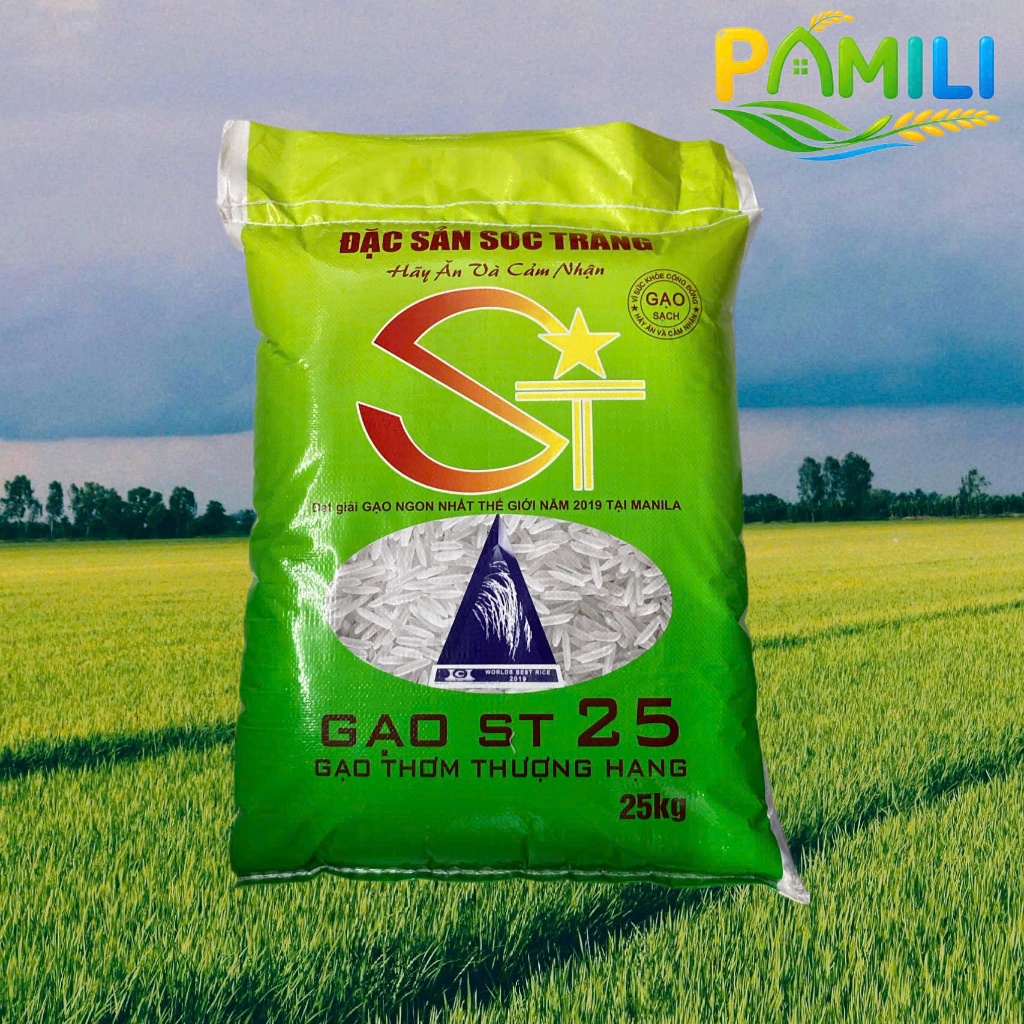 "PAMILI" TÚI 25KG GẠO ST25 LÚA TÔM THƯỢNG HẠNG, HẠT SIÊU DÀI - SIÊU THON, GẠO ST25 SÓC TRĂNG