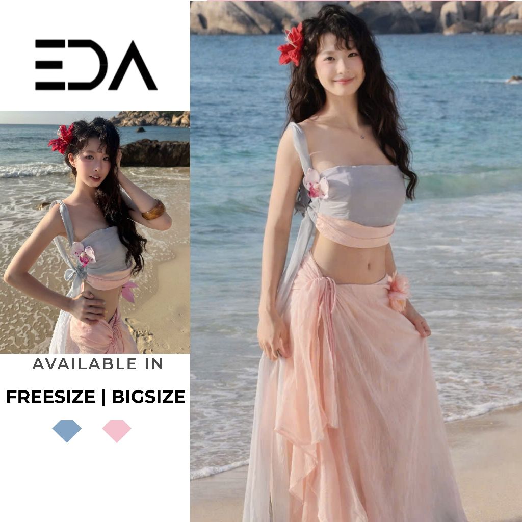 EDA - SET Bikini Đi Biển Áo Croptop Cao Cấp Phối Chân Váy Dài Cao Cấp Đính Hoa Phụ Kiện Xanh Hồng EDA Boutique