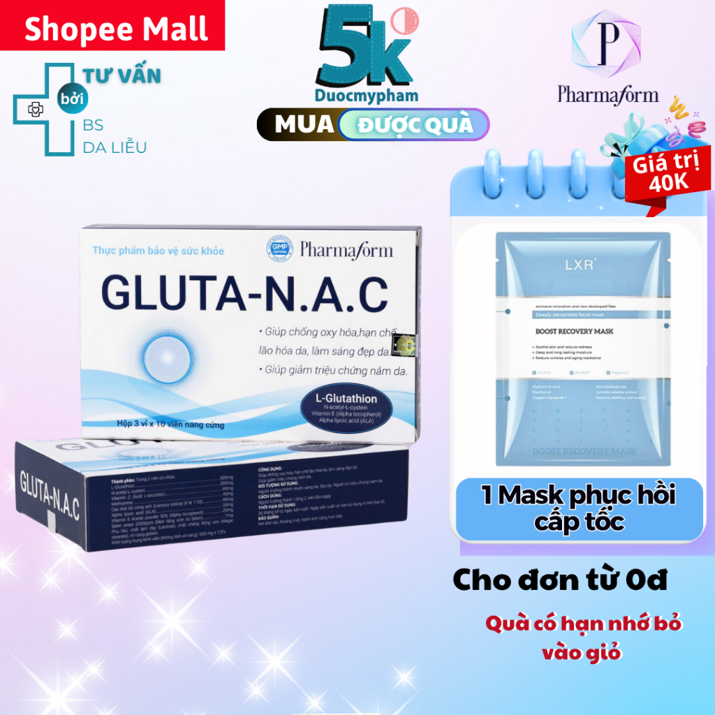 Viên uống trắng da GLUTA NAC Pharmaform - giúp sáng da, giảm thâm sạm, ngừa lão hoá da 30 viên
