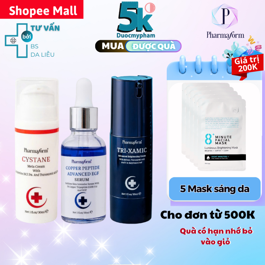[COMBO]Hỗ trợ điều trị nám, giảm thâm mụn Pharmaform Cystane Mela Cream + Copper Peptide Advance Ser